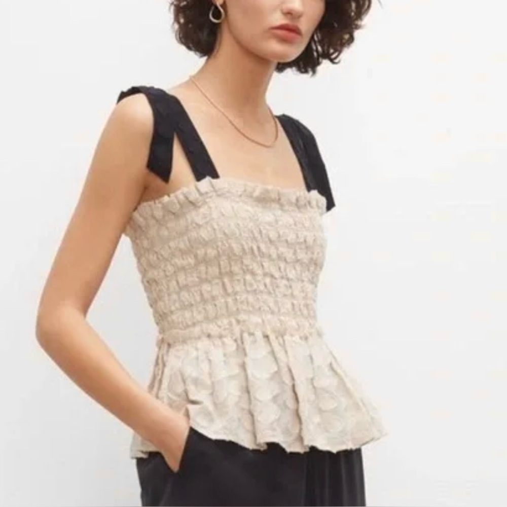 Club Monaco Sleeveless Smocked Peplum Top Beige Black Size M
